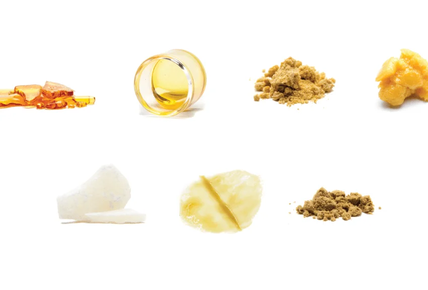 Assorted cannabis concentrates displayed on a white background, including shatter, oil, kief, and wax, showcasing various textures and colors for cannabis enthusiasts.