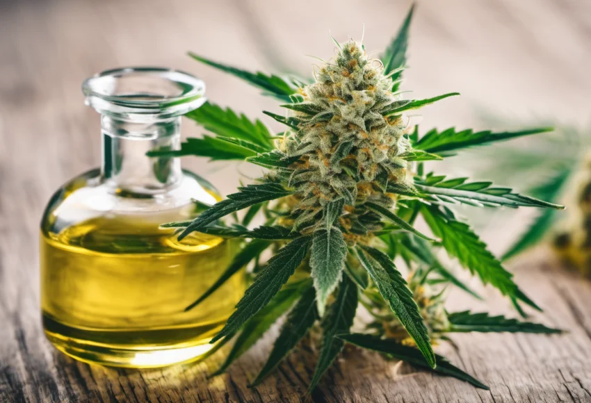 Close-up of a cannabis flower alongside a glass bottle of golden cannabis oil, set on a rustic wooden surface, highlighting the natural beauty and medicinal properties of hemp.