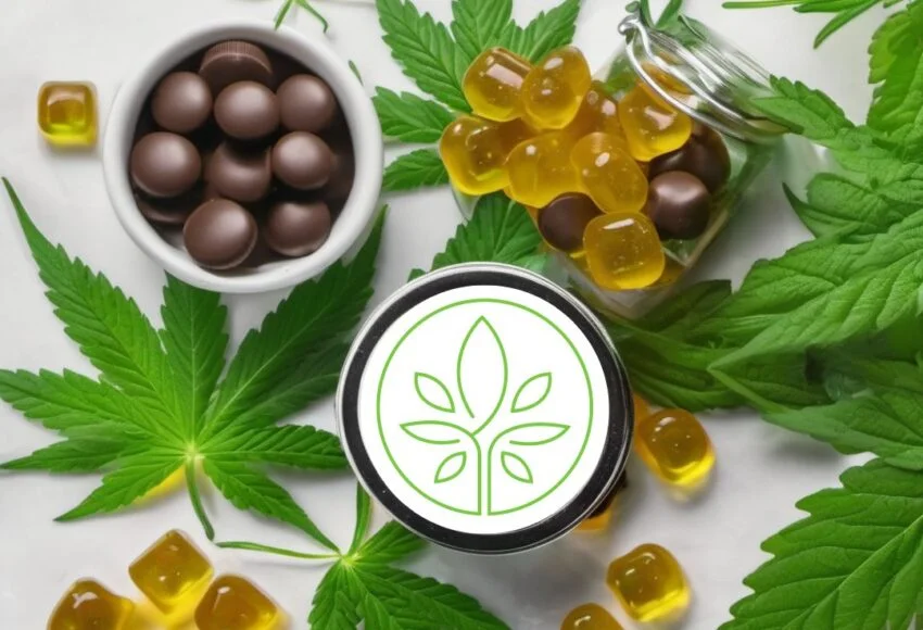 Jar and bowls of cannabis-infused gummies and chocolates surrounded by fresh cannabis leaves