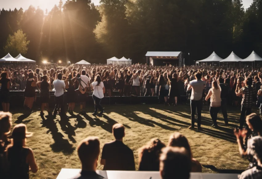 Crowd enjoying a live outdoor concert during sunset, with a stage in the background and tents set up for the event.
